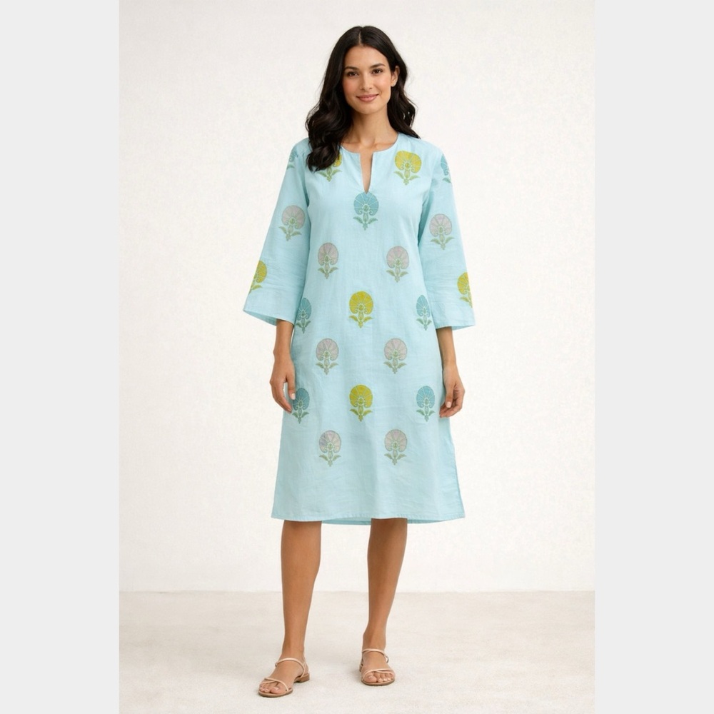 Muriel Brandolini Blue Block Print Caftan Dress Large
